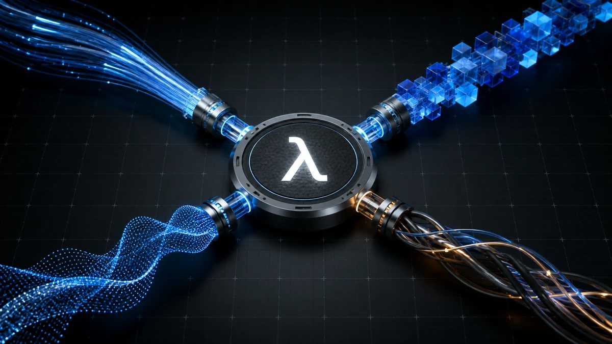 Quatro fluxos visuais distintos convergem para um núcleo com o símbolo lambda