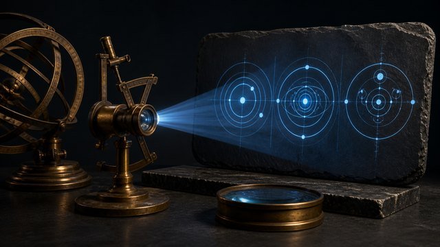 Instrumentos históricos projetam três modelos concorrentes sobre uma placa de observação.