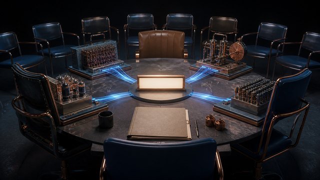 Mesa conceitual de reunião histórica.