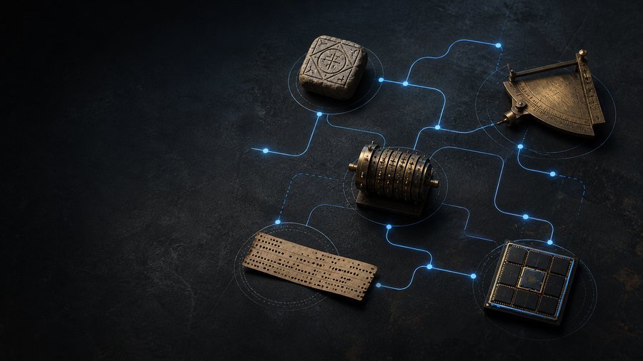 Mesa escura com instrumentos de lógica, medição, cálculo, programação e computação ligados por caminhos que se ramificam e interrompem.