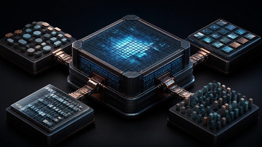 Base computacional reutilizável conectada a quatro módulos de adaptação distintos.