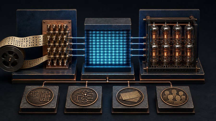 Fita perfurada, relés, memória eletrônica e válvulas como camadas distintas da computação.