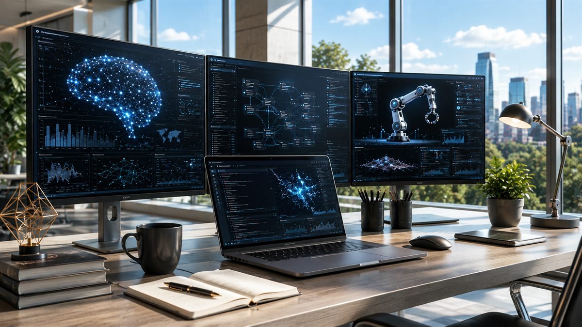 Estação de trabalho com monitores exibindo visualizações de inteligência artificial, fluxos de agentes, dados e robótica.