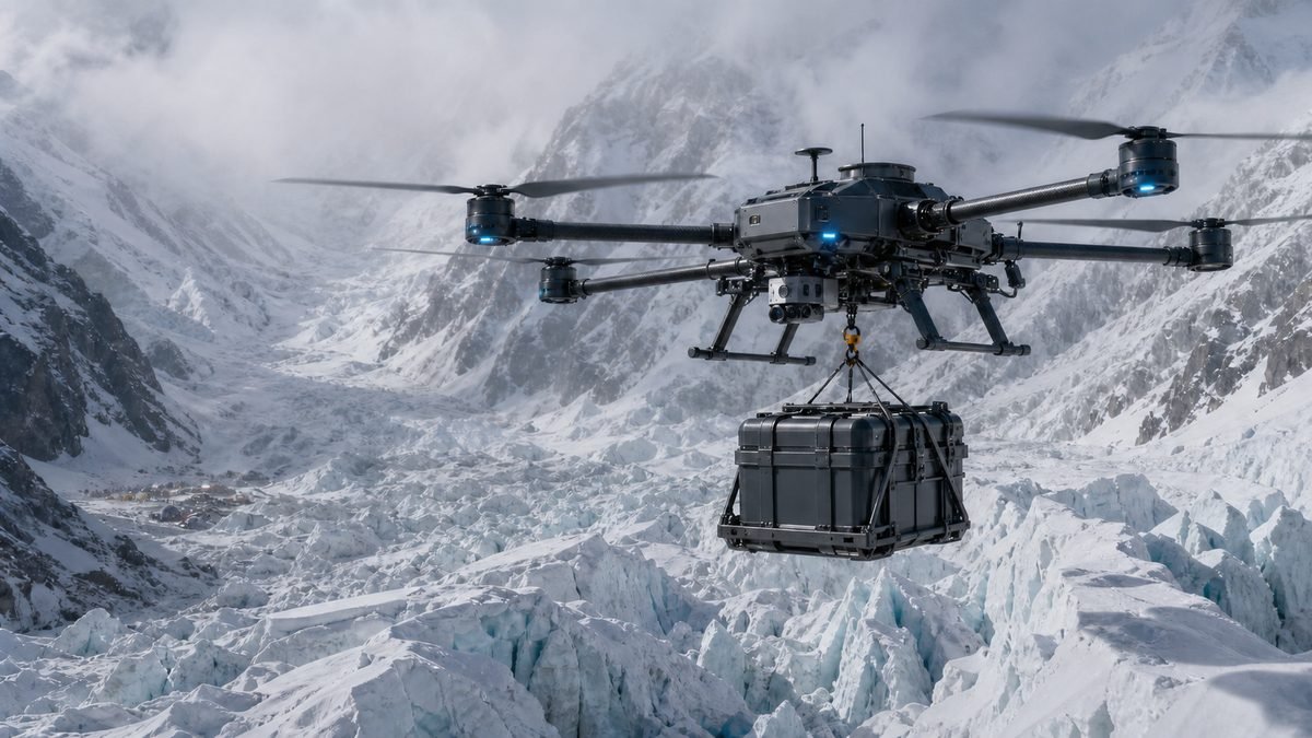 Ilustração editorial de um drone de carga sobre terreno glacial em grande altitude