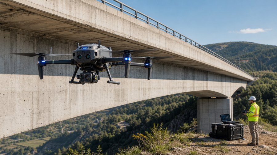 Drone civil e operador realizam inspeção de uma ponte